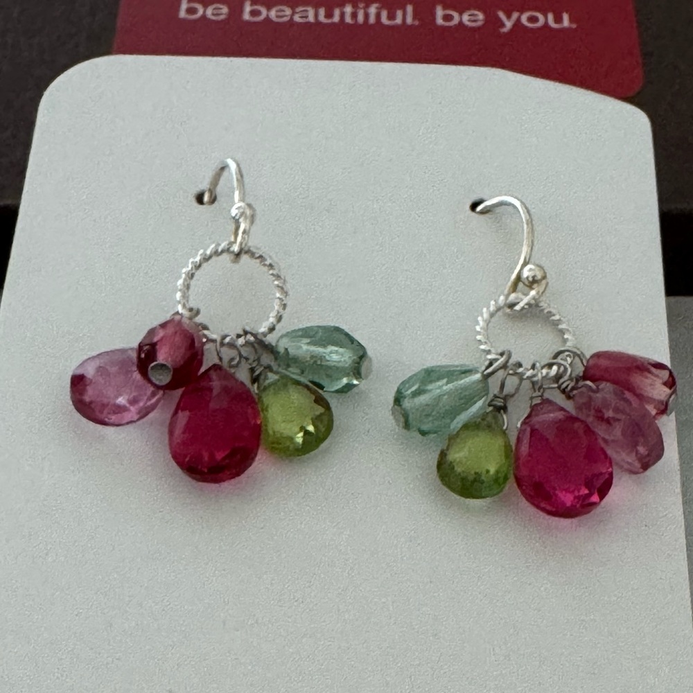 Anna Bakan Silver Earrings with Pink, Green, and Blue Accents. Small hanging